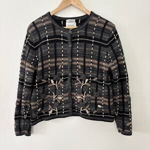 Vintage Knit Cardigan with Hand Embroidered Flowers Womens' Medium Cotton Blend